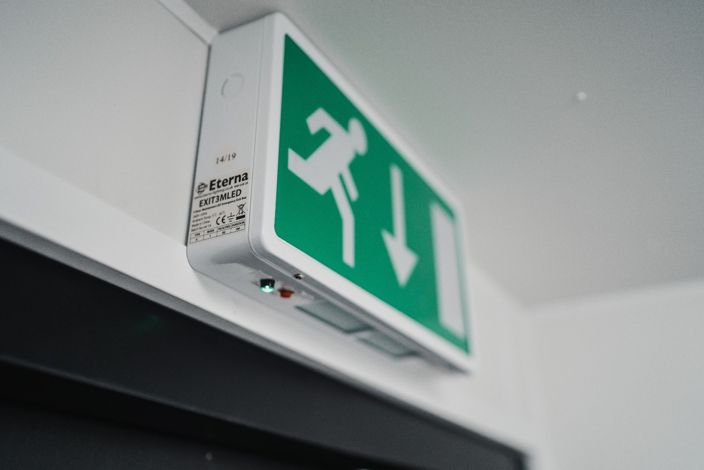 Modular building emergency exit sign close up