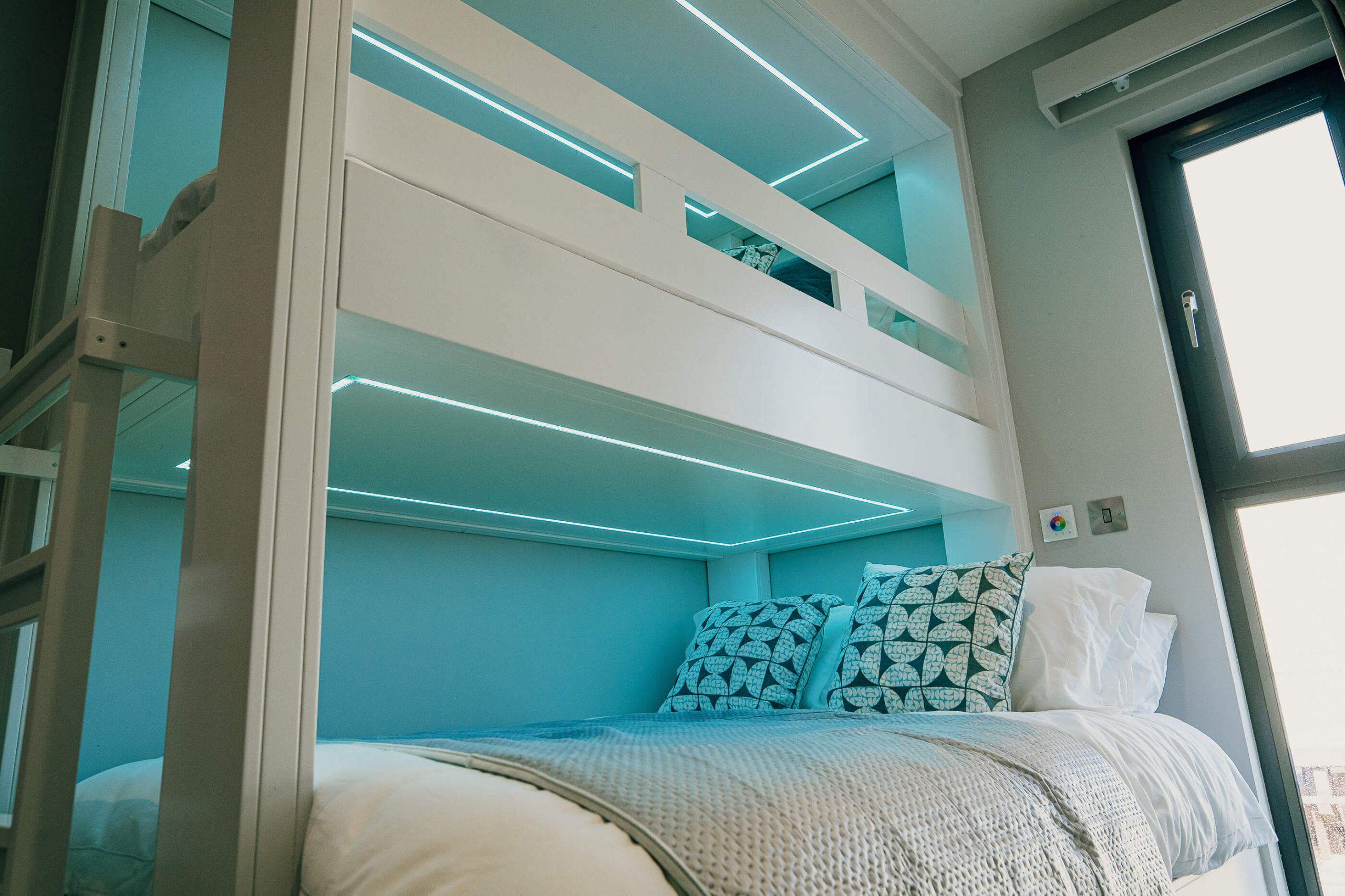 kes group modular construction bunkbeds bedroom modern blue white turnkey led lighting