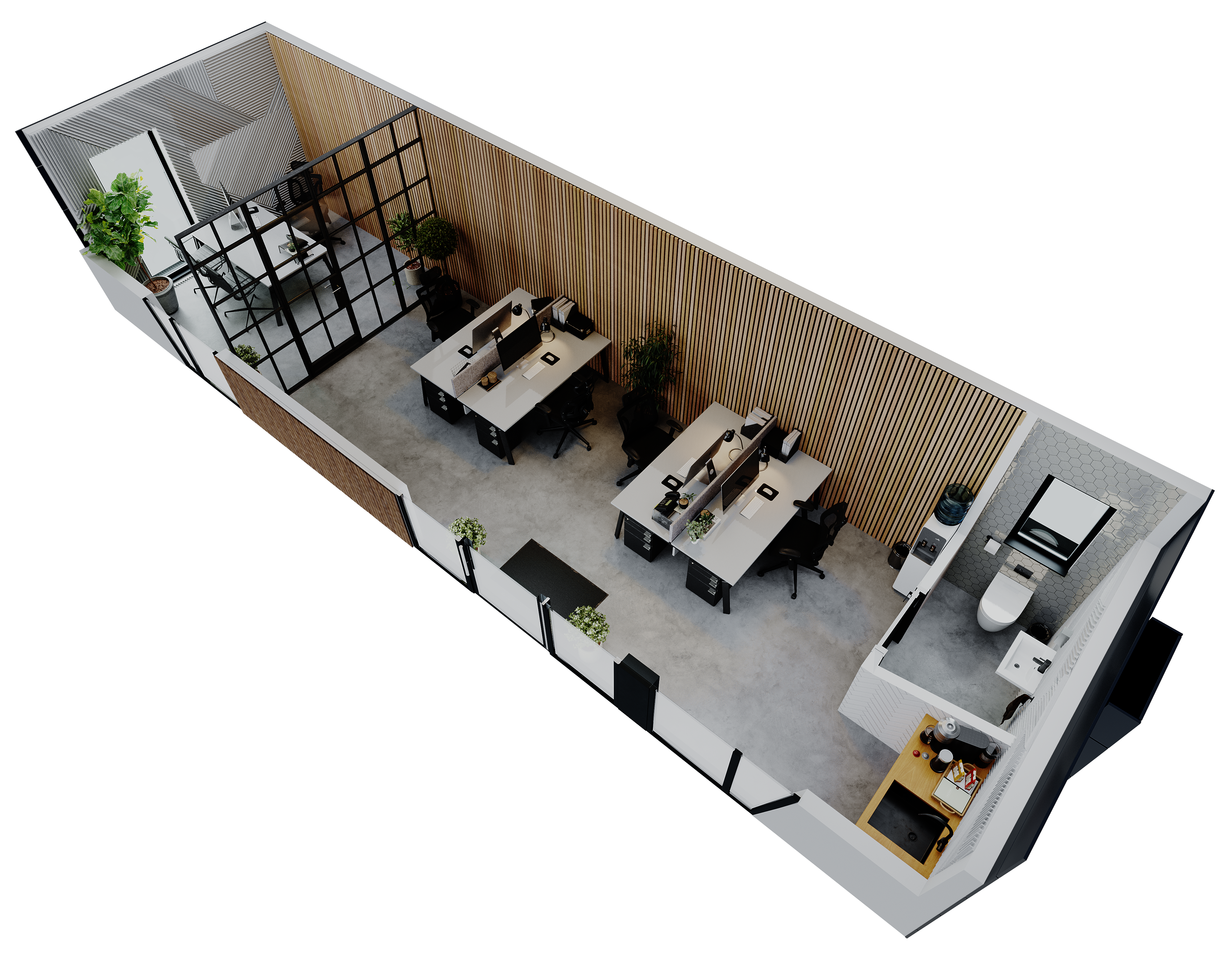 floor plan of a modular luxury office without roof. shows desks, toilet and tea station facilities 